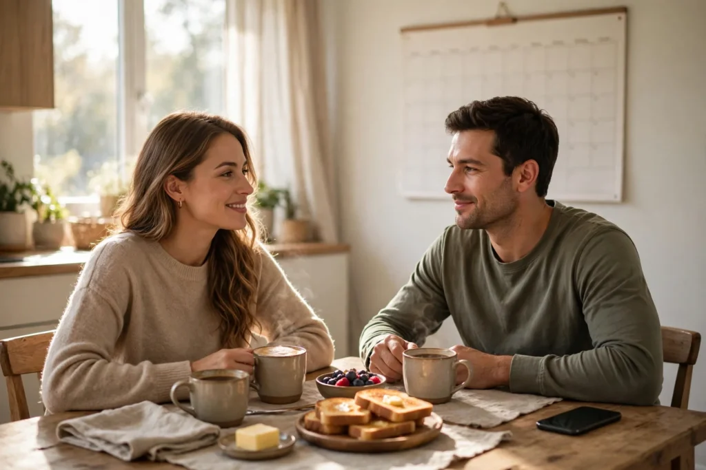 Photo of a relaxed couple smiling over breakfast at their kitchen table with coffee and toast a smartphone face down beside them and a wall calendar behind them