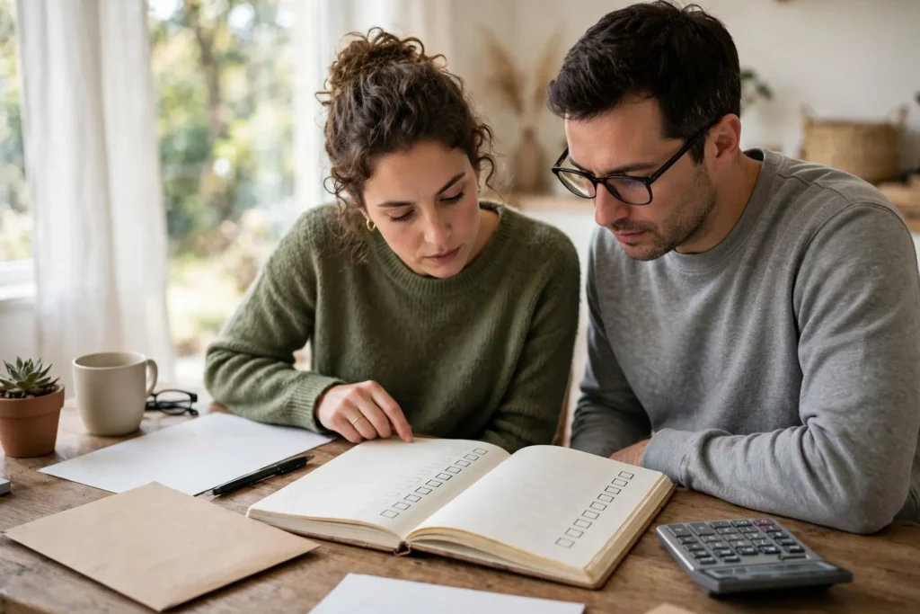 Photo of a couple at their desk with a plain unmarked envelope a large checklist notebook and a calculator carefully going through an offer step by step