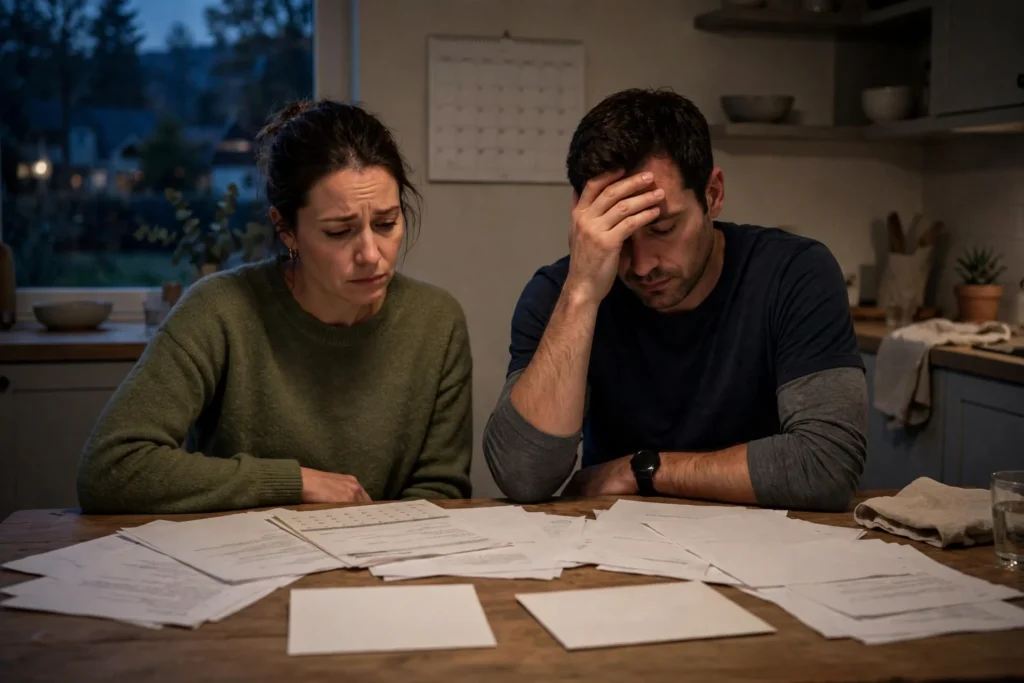 Photo of a rueful couple at their kitchen table at night with statement papers spread out and a wall calendar behind them one partner with a hand on his forehead
