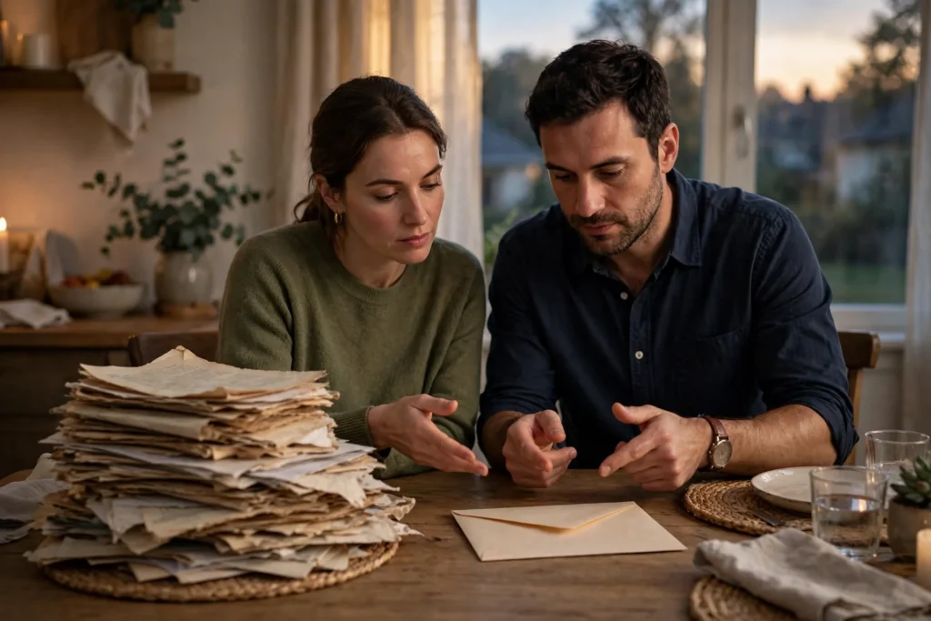 Photo of a couple at their dining table gesturing between a tall messy stack of old statement papers and a single neat plain envelope as they weigh a decision