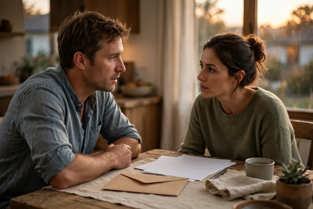 Photo of a couple at their dining table in thoughtful conversation with a plain unmarked envelope and blank papers between them as they weigh whether to borrow