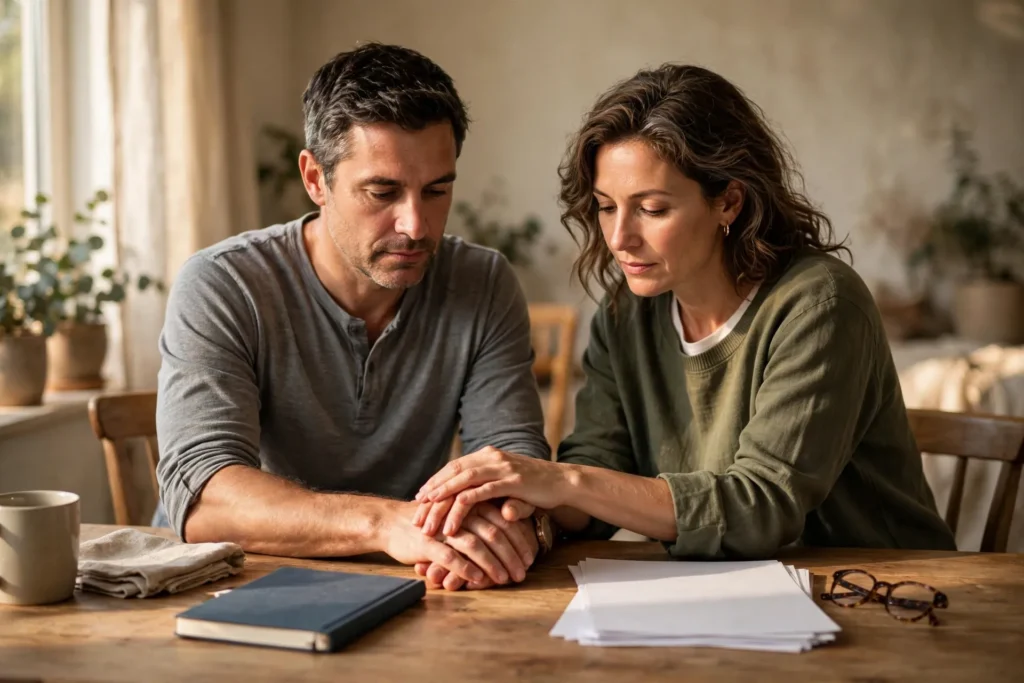 Photo of a couple at a dining table in soft window light holding hands supportively beside a closed notebook and plain papers as they regroup after a job change.
