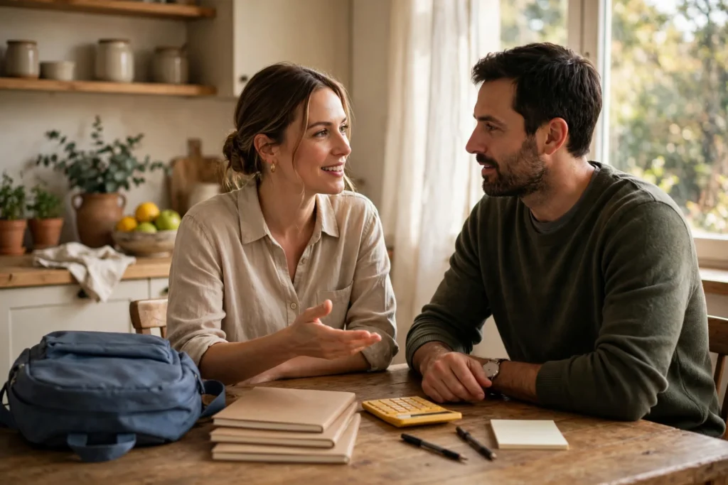 Photo of a couple at a kitchen table talking through back-to-school shopping with a plain backpack, blank-cover notebooks and a calculator in front of them.