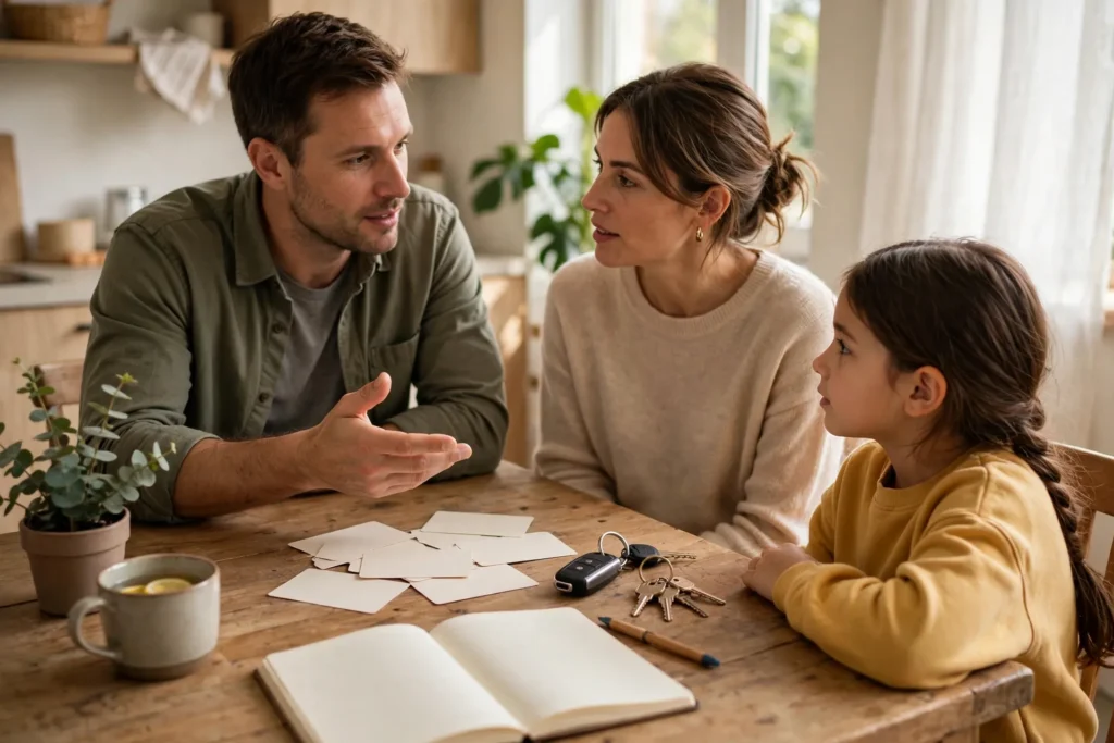 Photo of parents at their kitchen table with their daughter with plain blank cards car keys and house keys arranged on the table as they talk