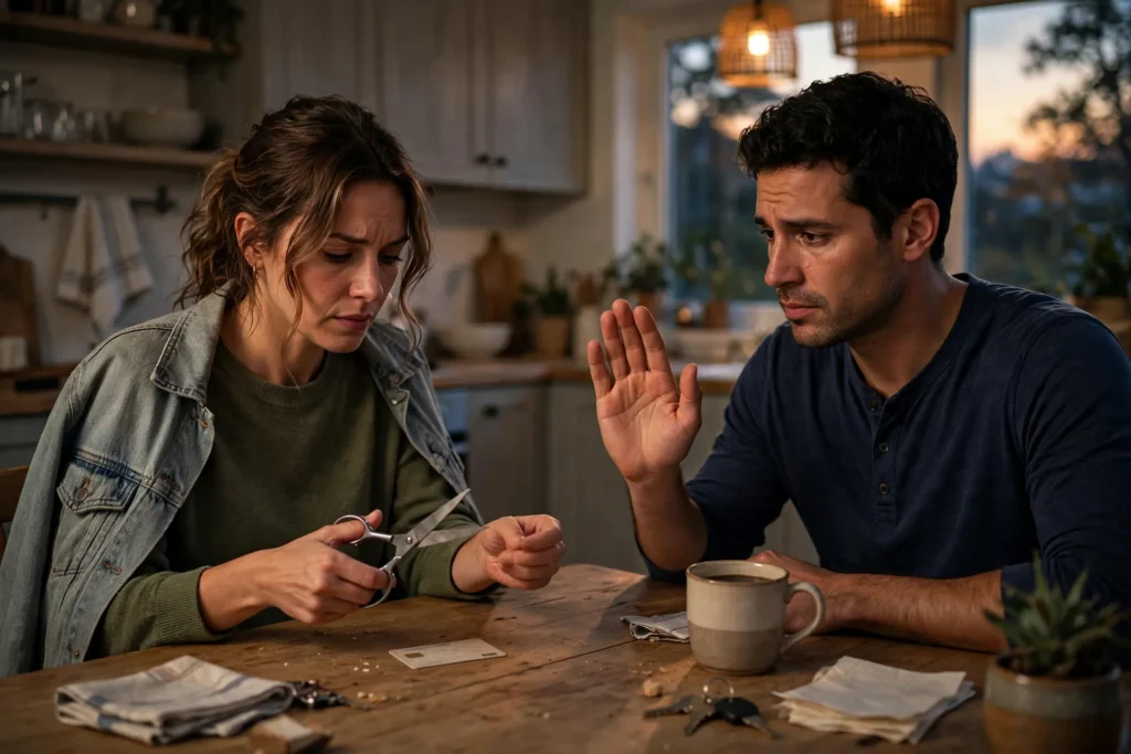 Photo of a couple at their kitchen table one partner holding scissors over an old plain card while the other raises a hand to pause and think first