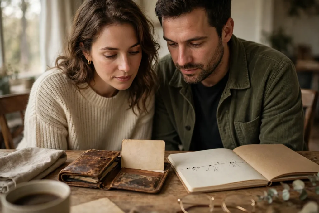 Photo of a couple leaning over a worn old wallet and its aged blank card with a notebook showing a simple timeline sketch beside them