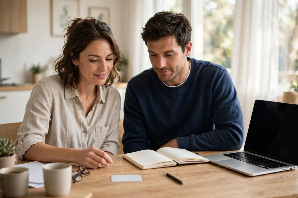 Photo of a calm couple at their dining table with a single plain blank credit card a fresh notebook and a laptop as they learn the basics together