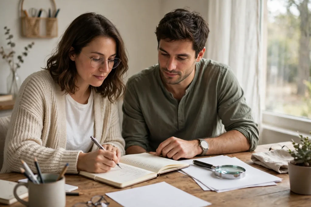 Photo of a couple at a home desk working through a checklist in a notebook with a magnifying glass resting on plain papers beside them