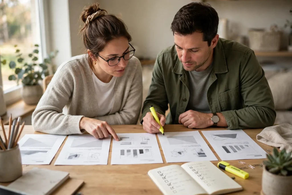 Photo of a couple at their desk reviewing several printed report pages in a row with a yellow highlighter and a checklist notebook