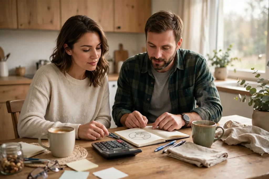 Photo of a couple at their kitchen table with a calculator and a notebook showing a simple hand-drawn donut chart sketch during a calm monthly routine