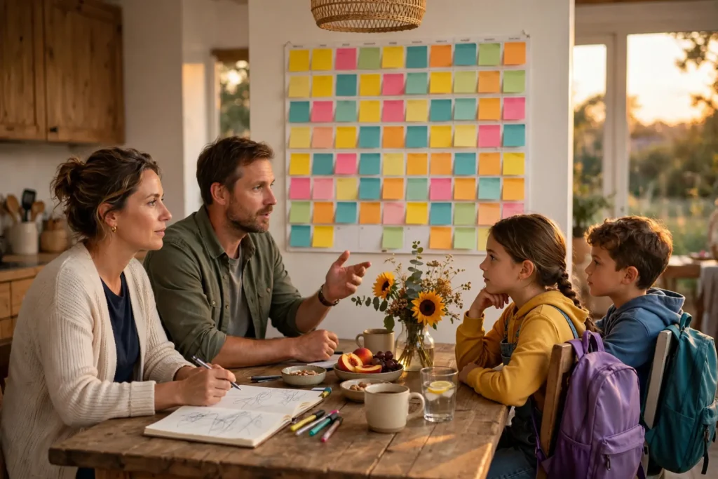 Photo of a family at their kitchen table with the children in backpacks while the parents point to a wall calendar covered in colored sticky notes