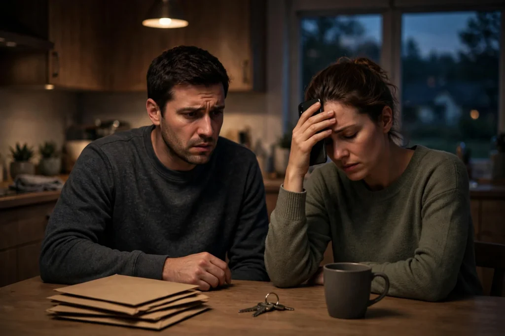 Photo of a stressed couple at their kitchen table at night one partner holding a phone to her forehead with a stack of envelopes on the table