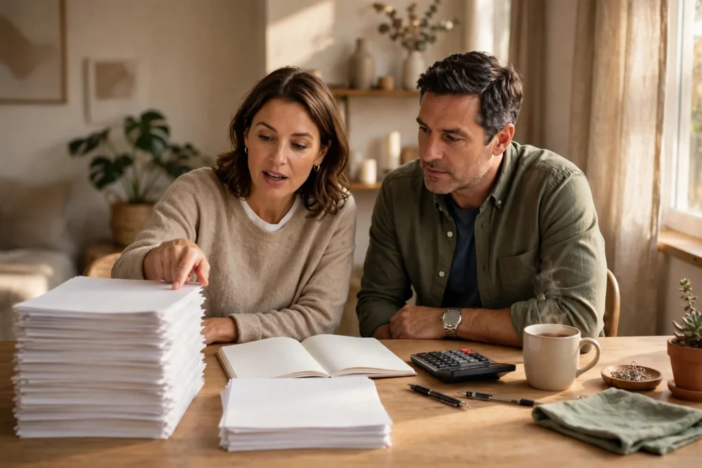 Photo of a couple at a home desk comparing a tall stack of plain papers with a much smaller stack beside it with an open blank notebook and a calculator between them