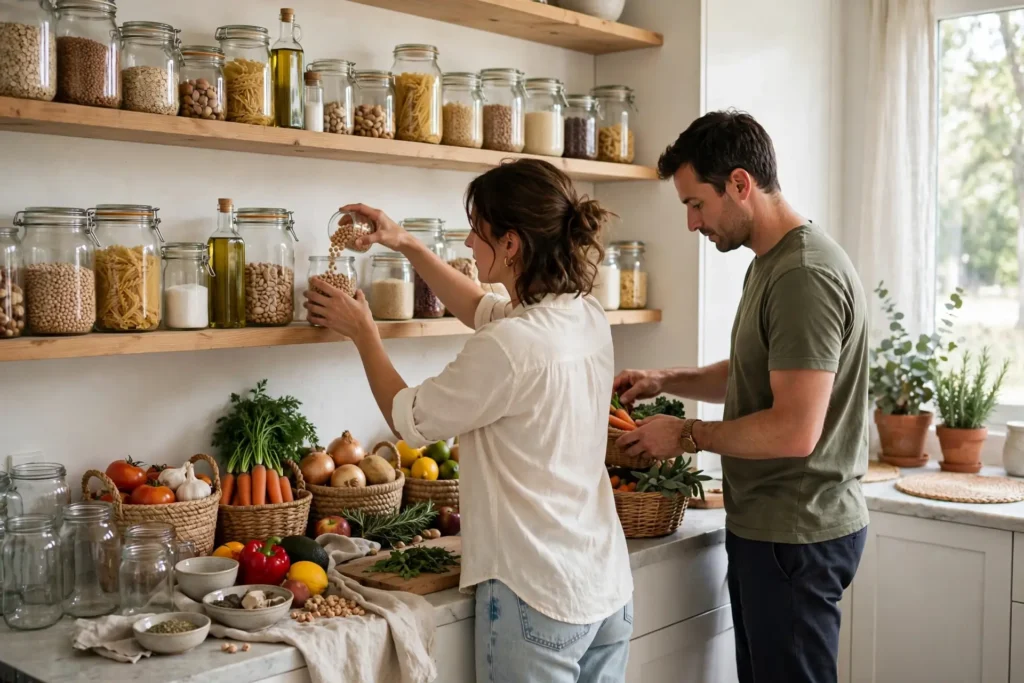 Photo of a couple in their kitchen arranging food across many different glass jars and woven baskets on open shelves