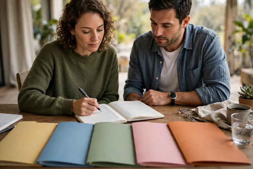 Photo of a couple at a table with a checklist notebook and five different colored plain folders spread out in a row in front of them