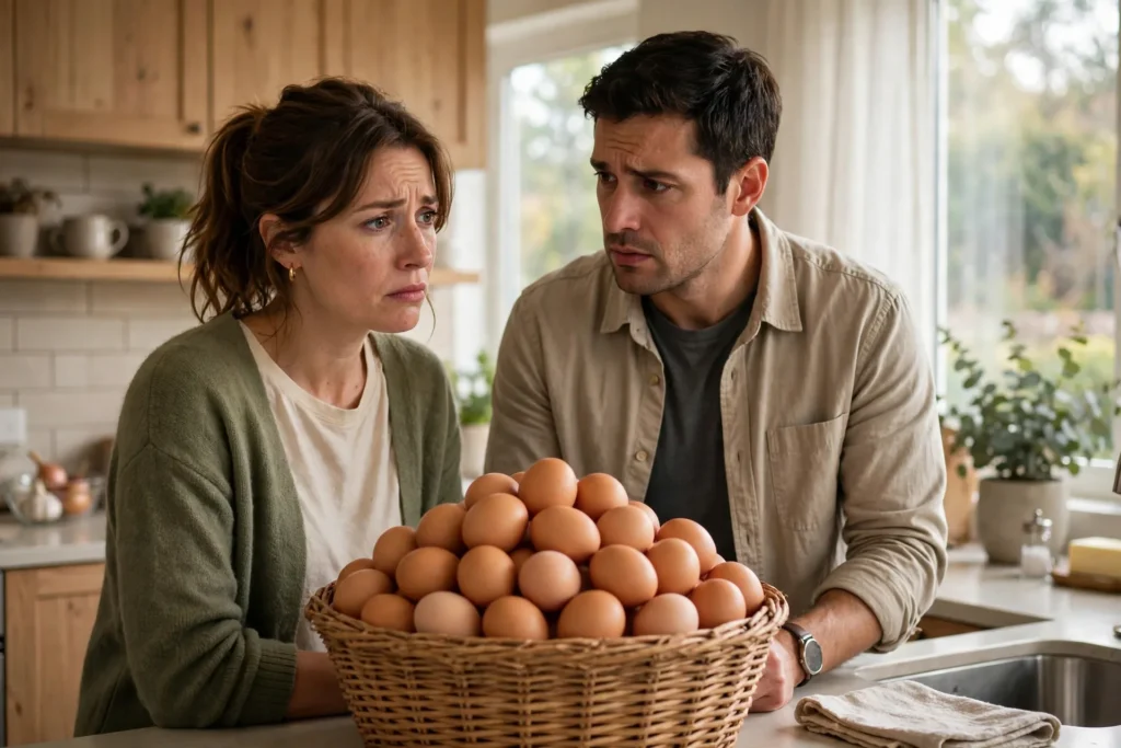 Photo of a worried couple in their kitchen looking at a single woven basket piled high with eggs on the counter