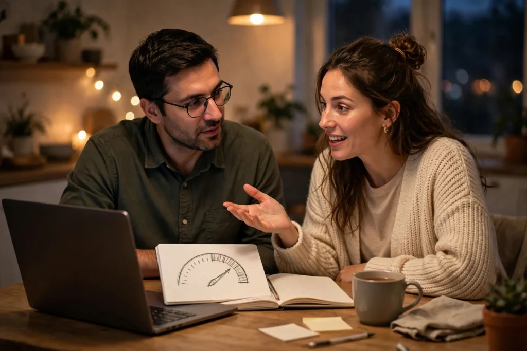 Photo of a couple at their table in the evening with a laptop while one partner explains using a notebook with a simple hand-drawn gauge dial sketch