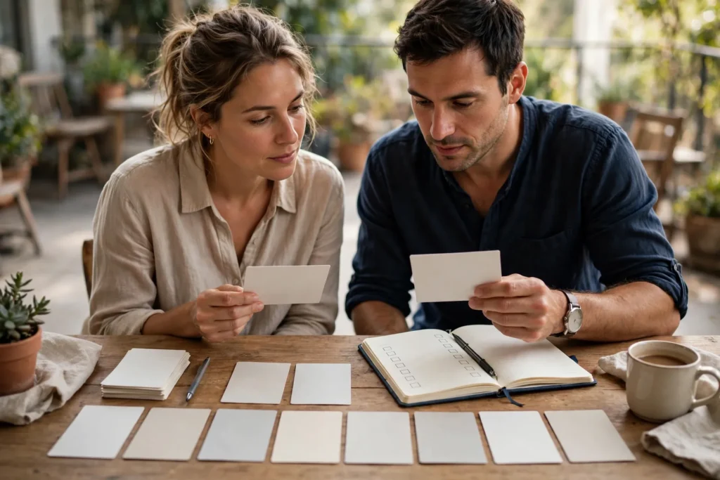 Photo of a couple at a table examining several plain blank cards laid out in neat rows with a checklist notebook beside them
