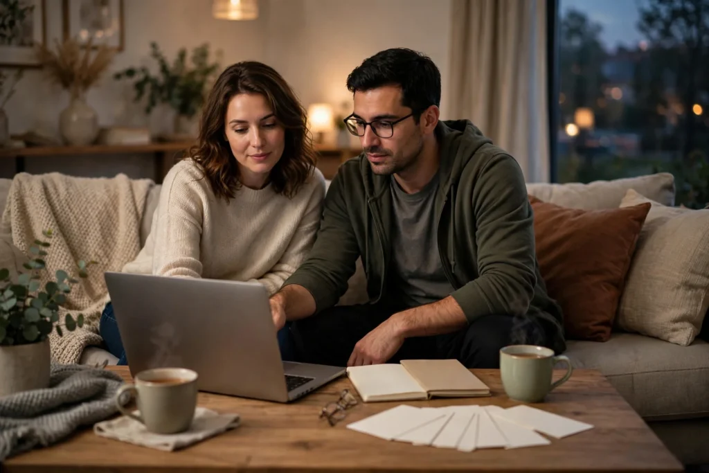 Photo of a couple on their living room sofa in the evening with a laptop and notebook and plain blank cards fanned on the coffee table during a calm review