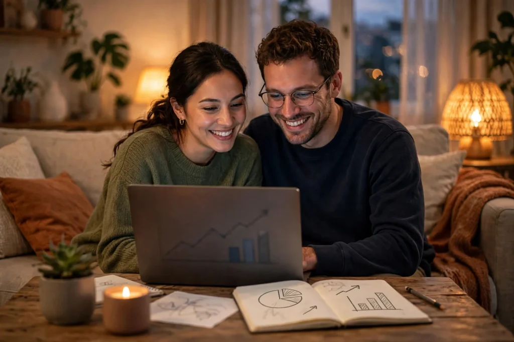 Photo of a smiling couple on their living room sofa in the evening looking at a laptop together with a notebook of simple chart sketches on the coffee table