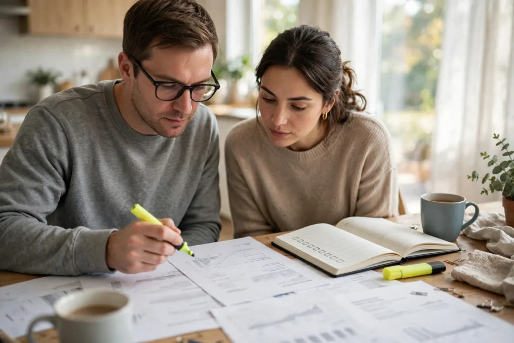 Photo of a couple at their kitchen table reviewing printed account statements with a yellow highlighter and a notebook checklist
