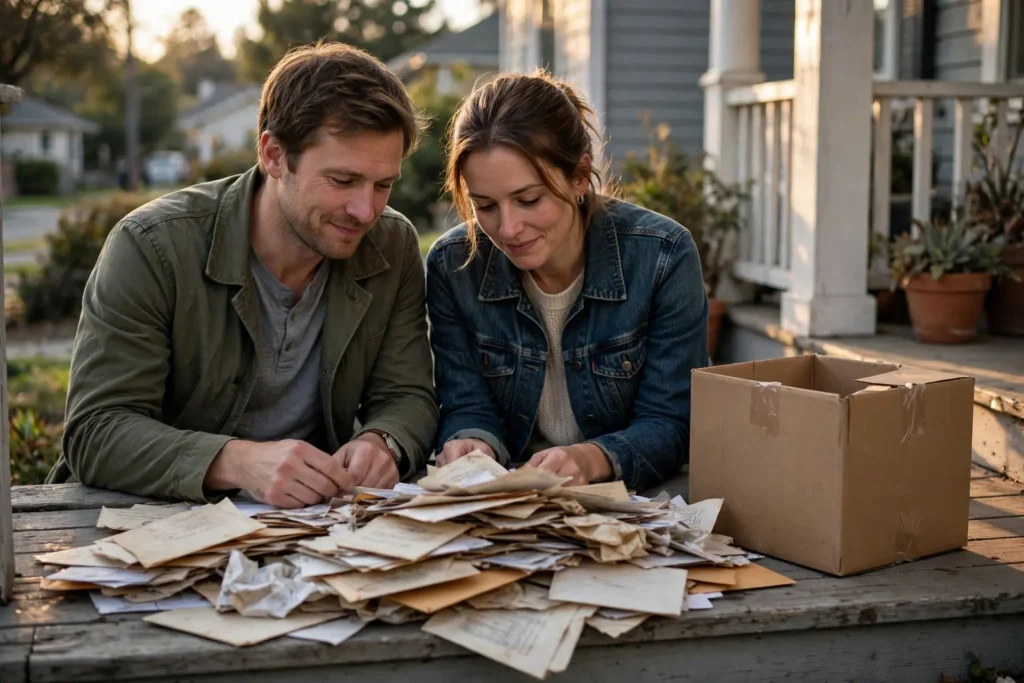 Photo of a couple sitting on their front porch sorting through a messy pile of old papers and envelopes next to a cardboard box