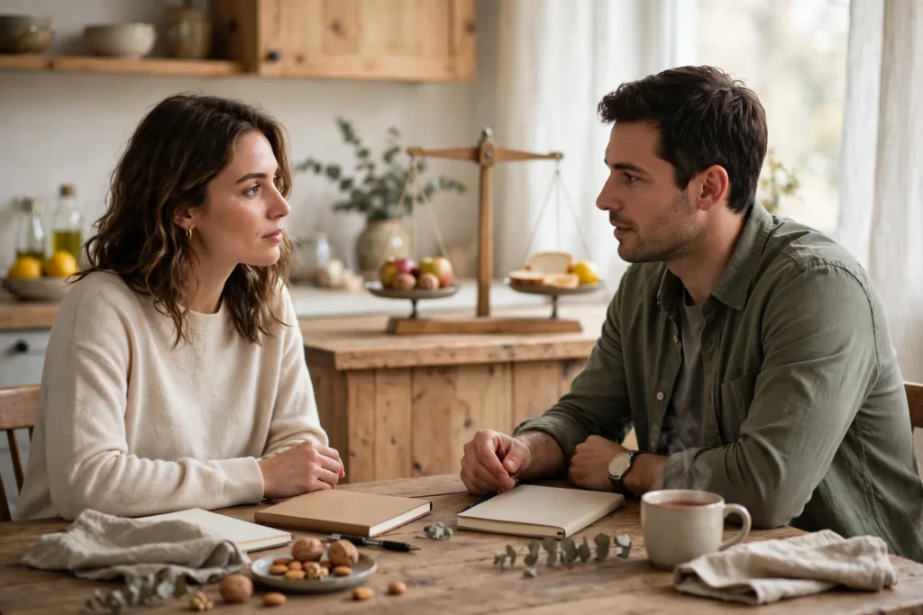 Photo of a couple at their kitchen table in earnest conversation with two notebooks and a balance scale on the counter behind them