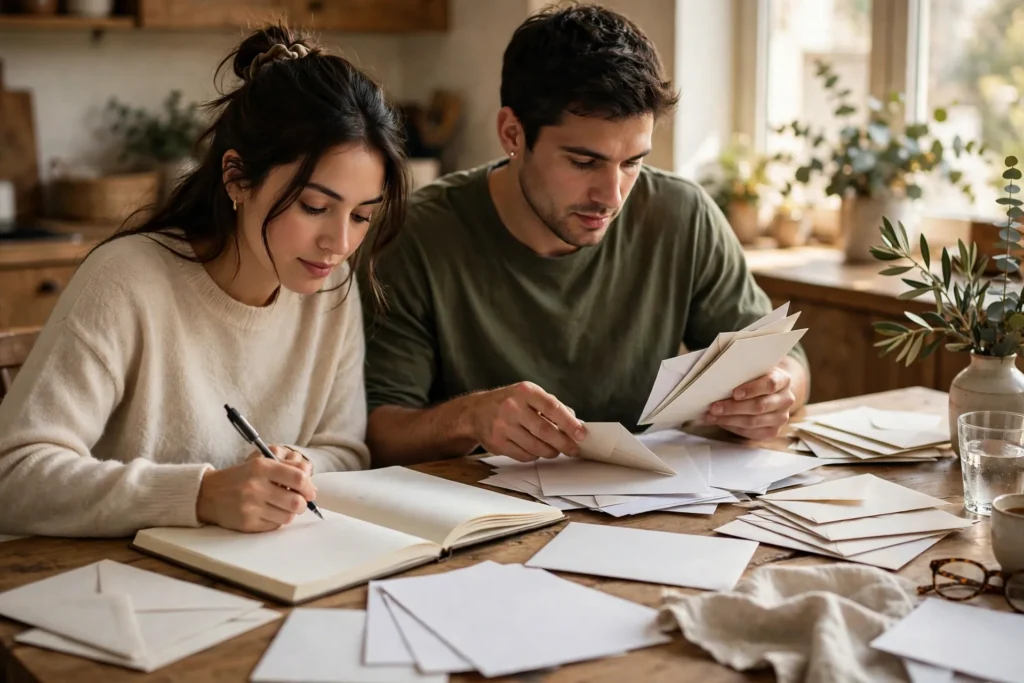 Photo of a couple at their kitchen table writing together in one large open notebook while sorting through a spread of plain unmarked envelopes and blank statement papers