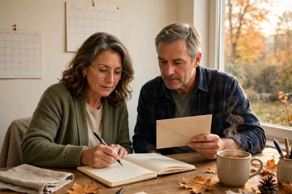 Photo of an older couple at a desk updating a notebook together with one partner writing and the other holding a plain envelope beside a blank wall calendar and autumn trees outside the window