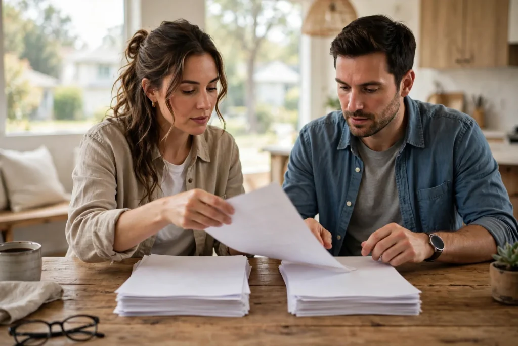Photo of a couple at their dining table comparing two neat stacks of printed papers side by side in bright morning light