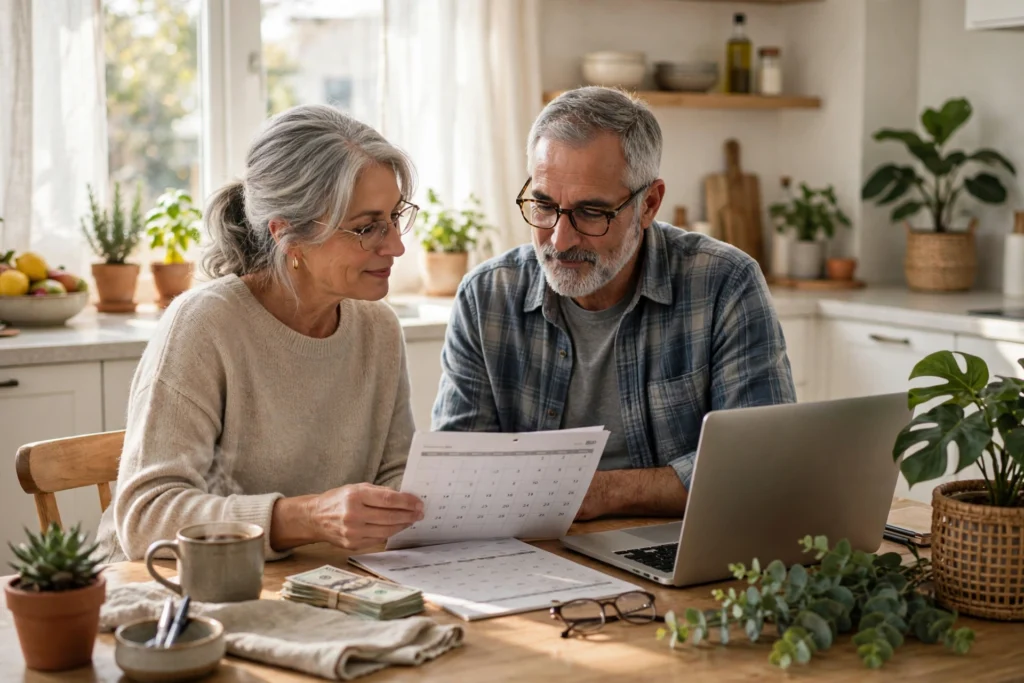 Photo of an older couple reviewing their household bill calendar at home