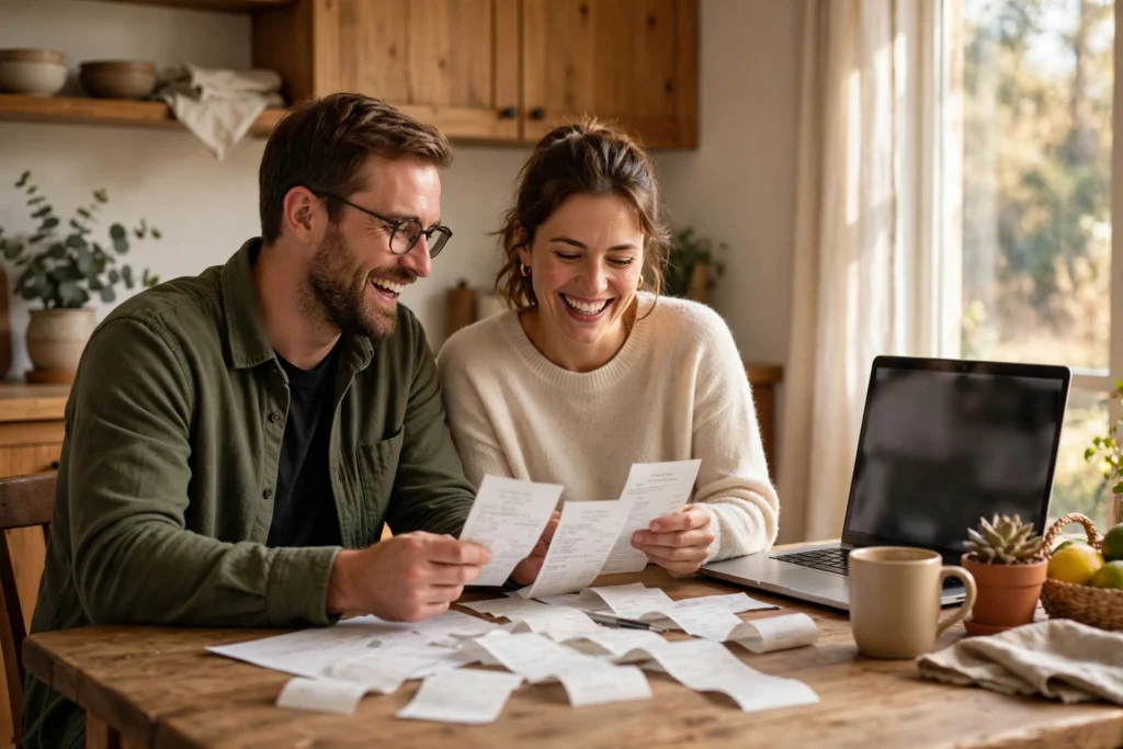 Photo of a couple reviewing receipts together to fix a household budget mistake