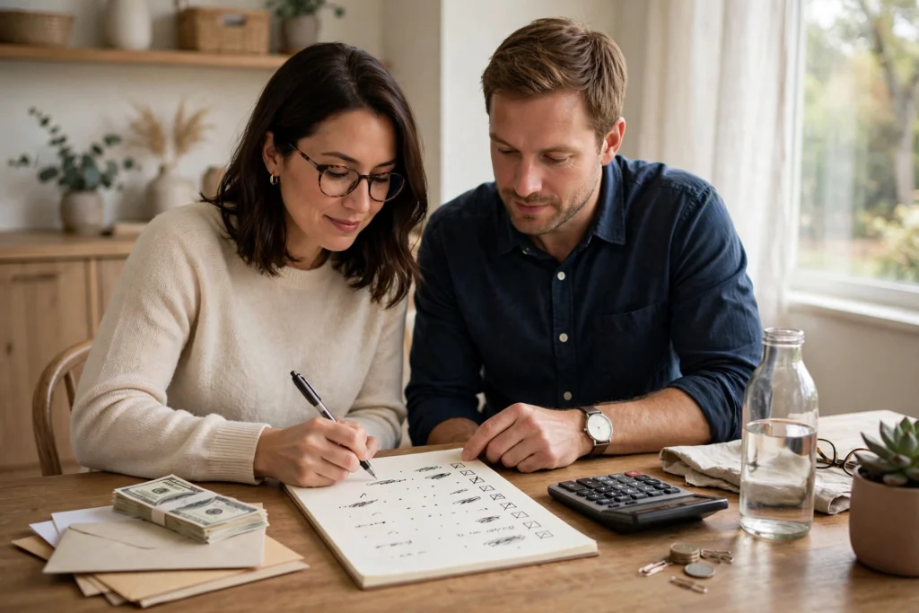 Photo of a couple writing a checklist of budget categories for two incomes at home