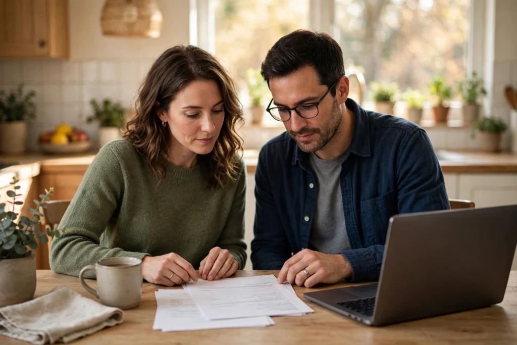 Photo of a couple reviewing health insurance open enrollment paperwork at home