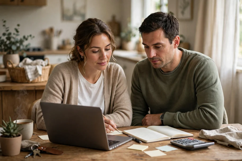 Photo of a couple planning a monthly budget together on an irregular income