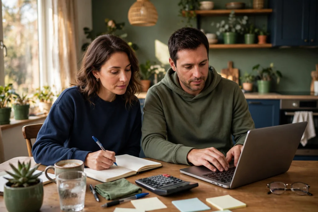 Photo of a couple building their monthly budget at a dining table with a laptop and notebook