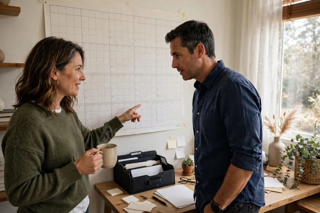 Photo of a couple planning household bills with a wall calendar at home