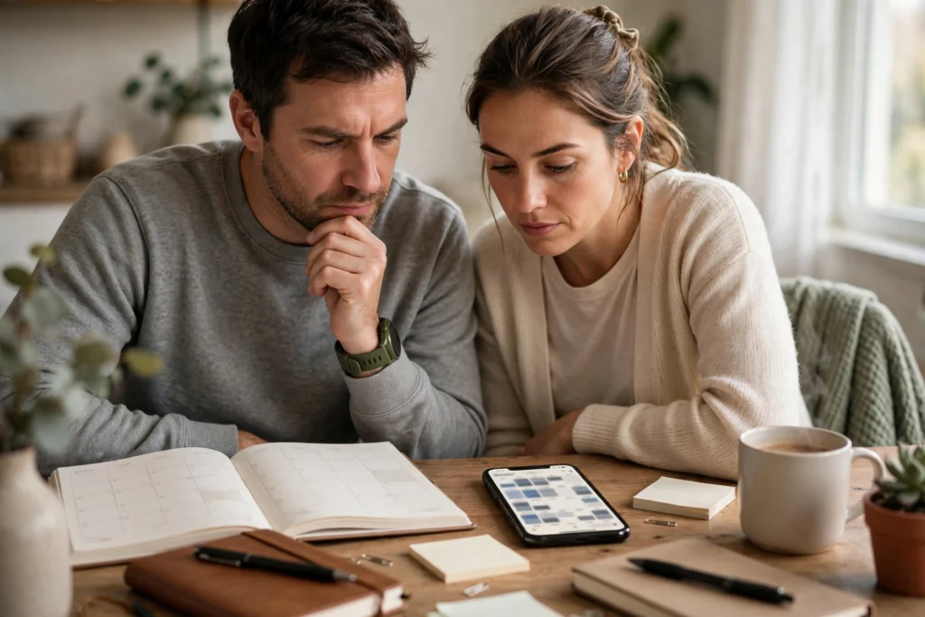 Photo of a couple reviewing a household bill calendar together at home