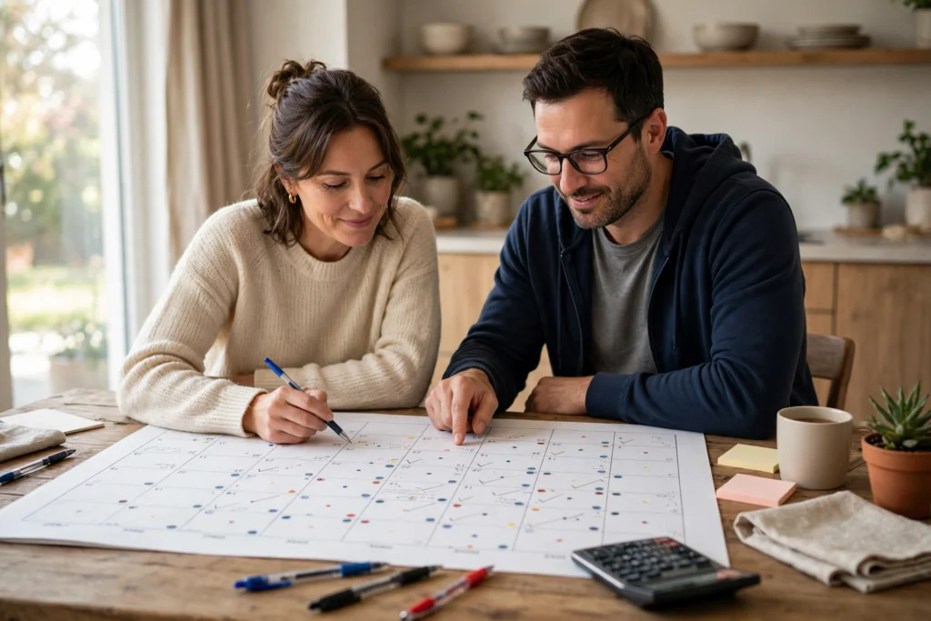 Photo of a couple mapping their paychecks and bill due dates on a calendar at home