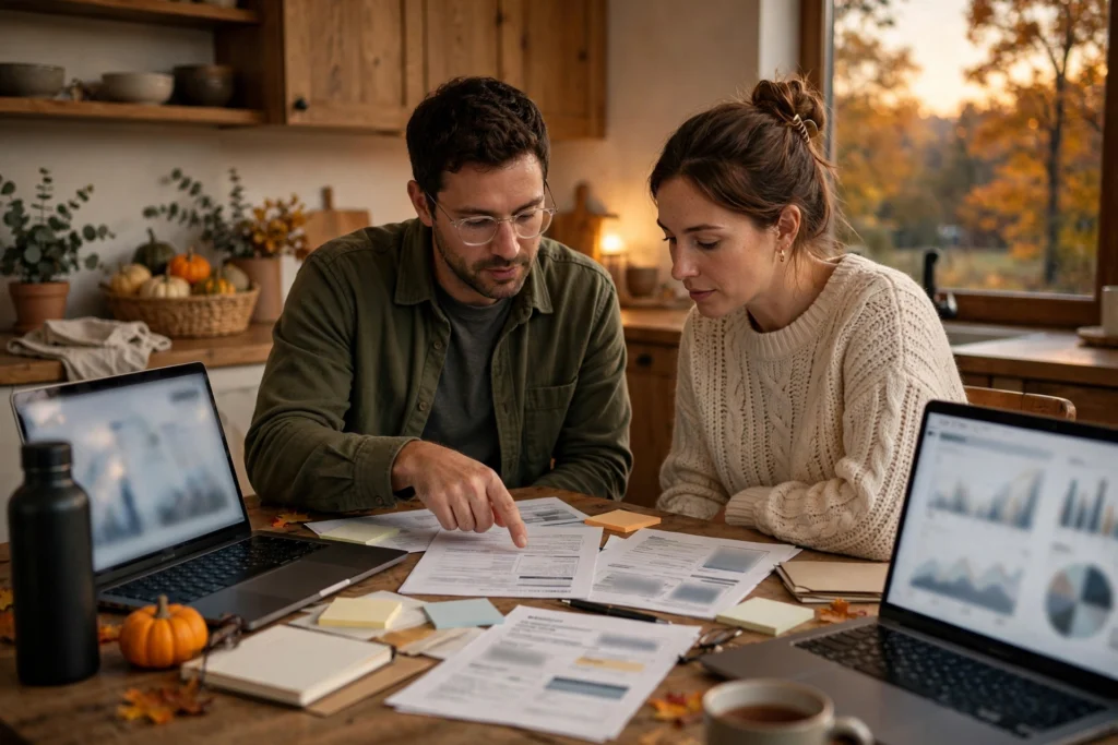 Photo of a couple at their autumn kitchen table with two laptops and enrollment forms checking both partners' retirement plan matches