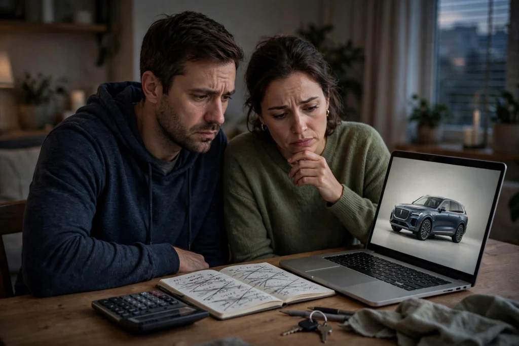 Photo of a worried couple at their table in the evening looking at a luxury car on a laptop with a calculator and crossed-out figures in a notebook