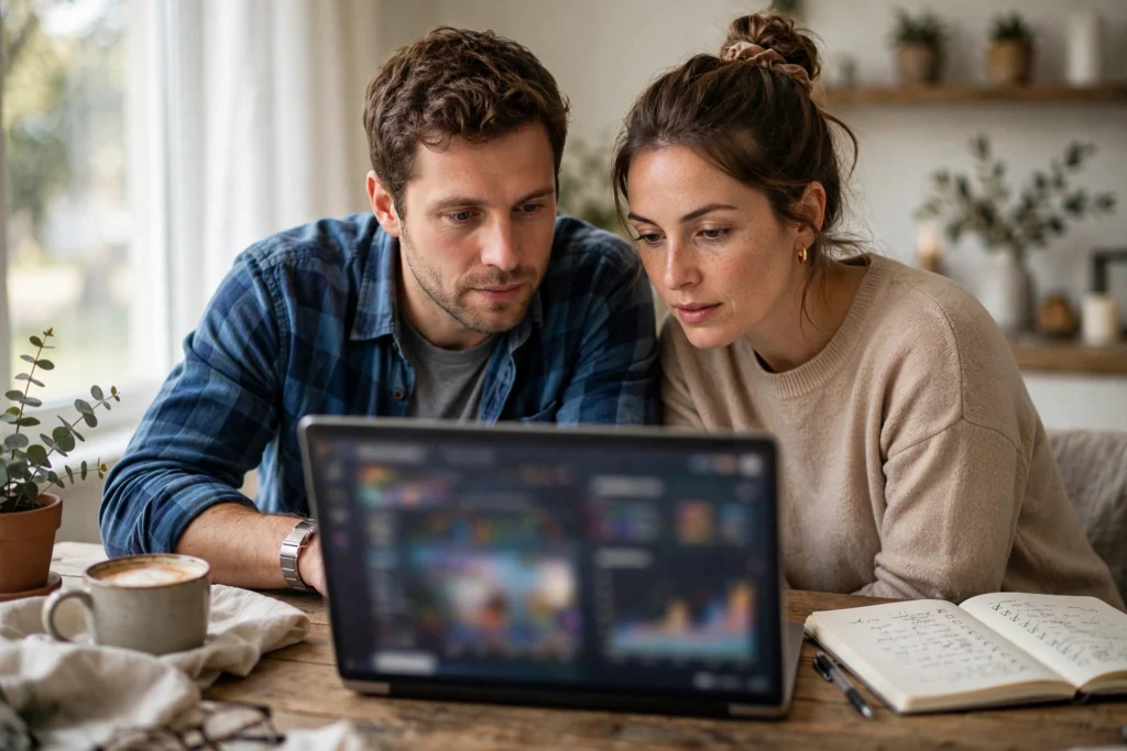 Photo of a couple leaning over a laptop comparing savings account options with a checklist notebook beside them