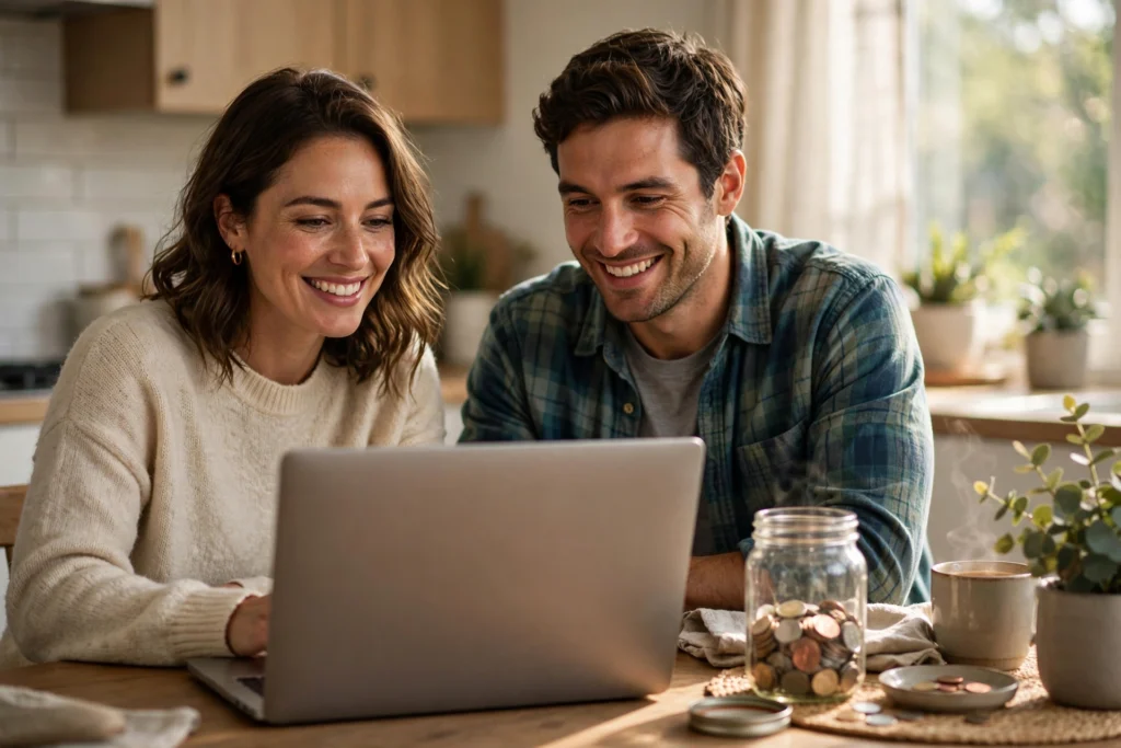 Photo of a smiling couple at their kitchen table setting up a monthly savings routine on a laptop beside a coin jar