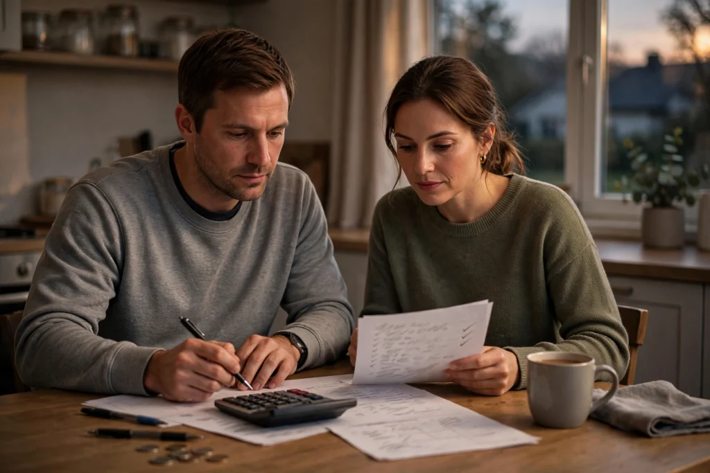Photo of a couple in their thirties at their evening kitchen table calmly reworking expenses with a calculator and a shorter list