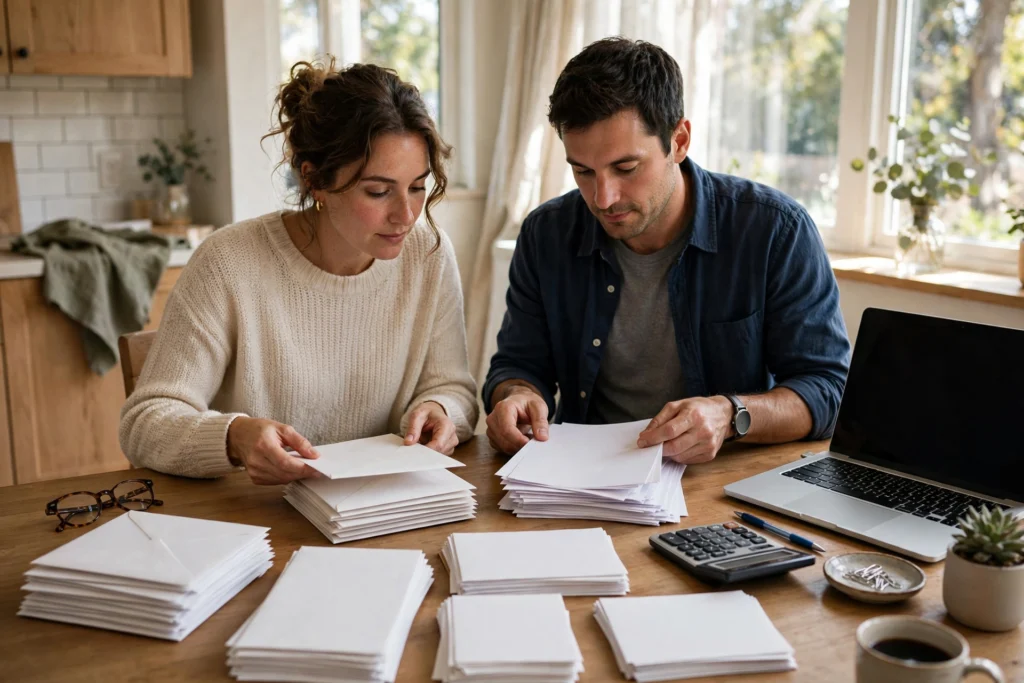 Photo of a couple at their kitchen table sorting tax season envelopes and paperwork together