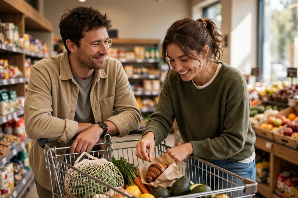 Photo of a couple in a grocery store adding an unplanned treat to their shopping cart