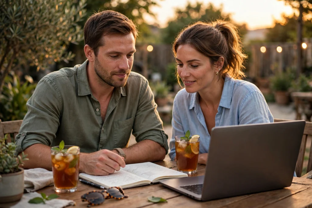 Photo of a couple in their thirties at a garden table on a summer evening with iced tea reviewing their retirement plan on a laptop