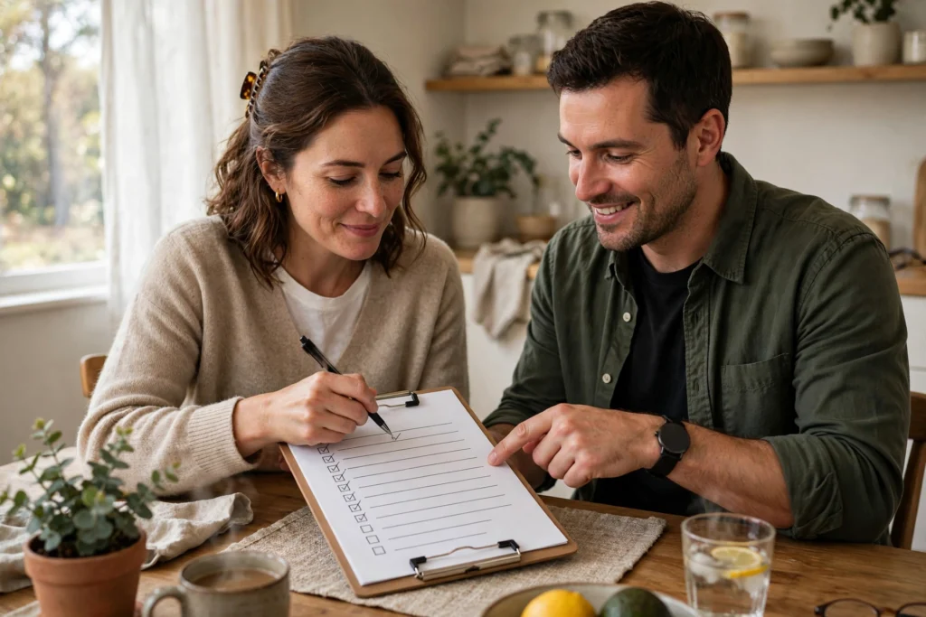 Photo of a couple at their table ticking off a savings checklist on a clipboard together