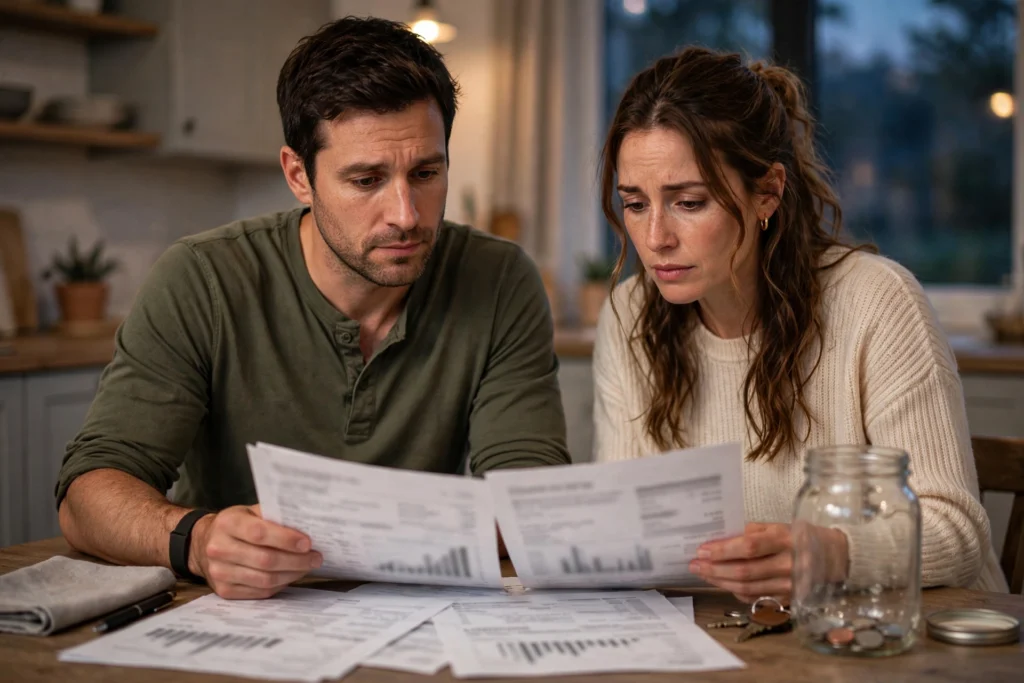 Photo of a concerned couple at their kitchen table in the evening reviewing statements next to a nearly empty coin jar