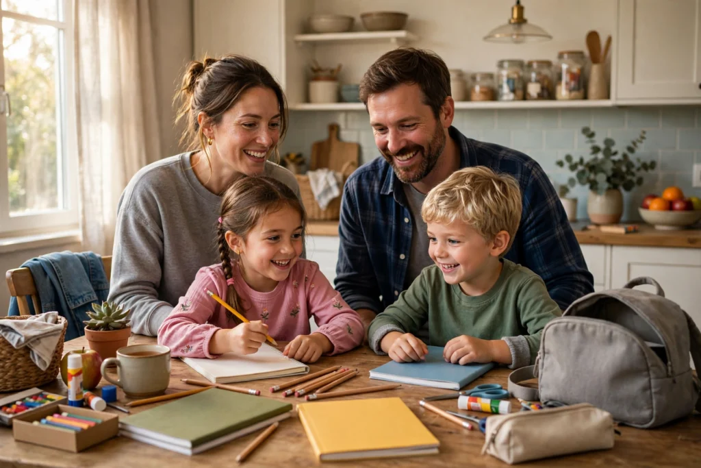 Photo of a happy family organizing school supplies together at their kitchen table